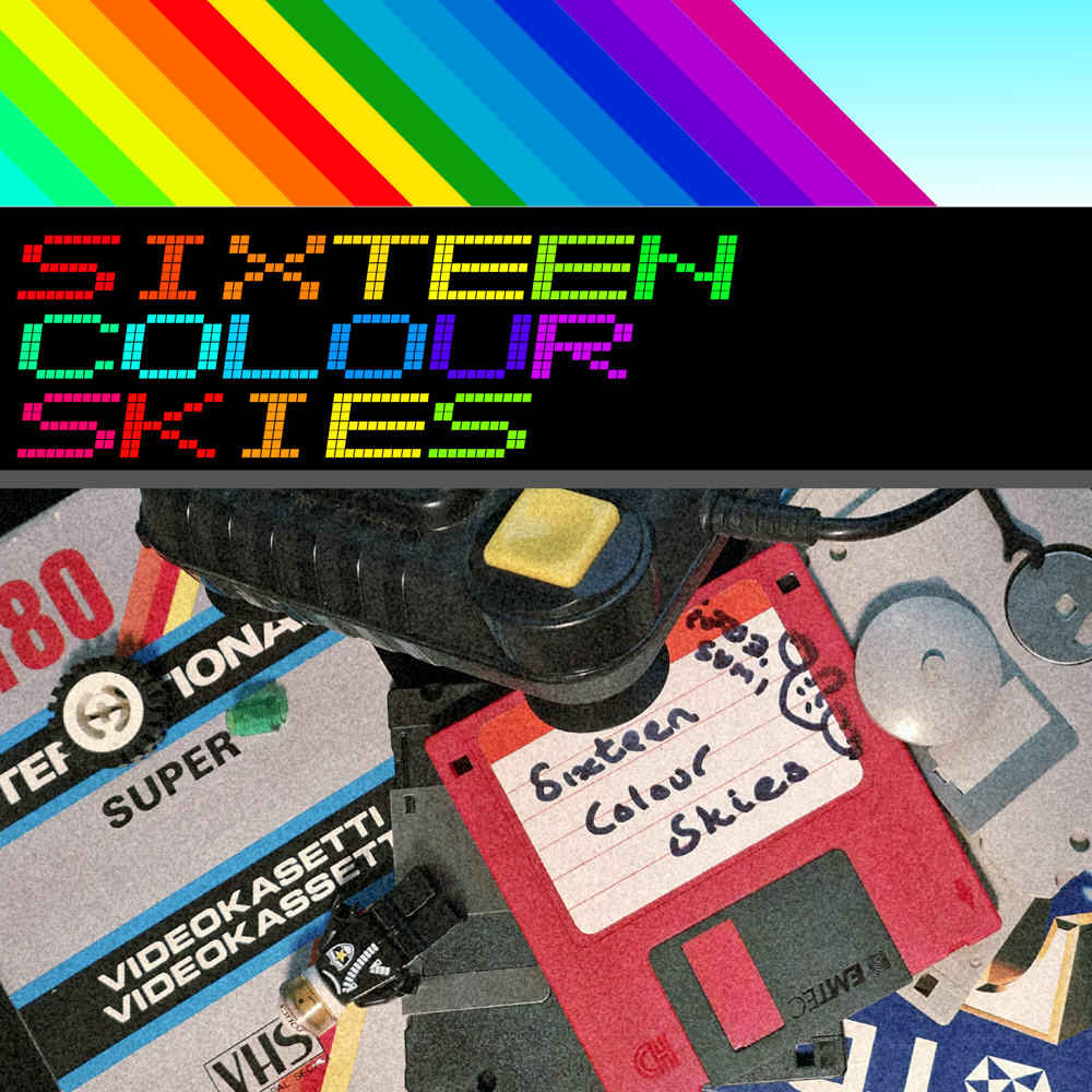 Cover artwork for Sixteen Colour Skies by Spectrum Skies Records – retro 80s ZX Spectrum inspired design with rainbow stripes, pixel title, rubber keys, cassettes, floppy disk, and VHS tapes